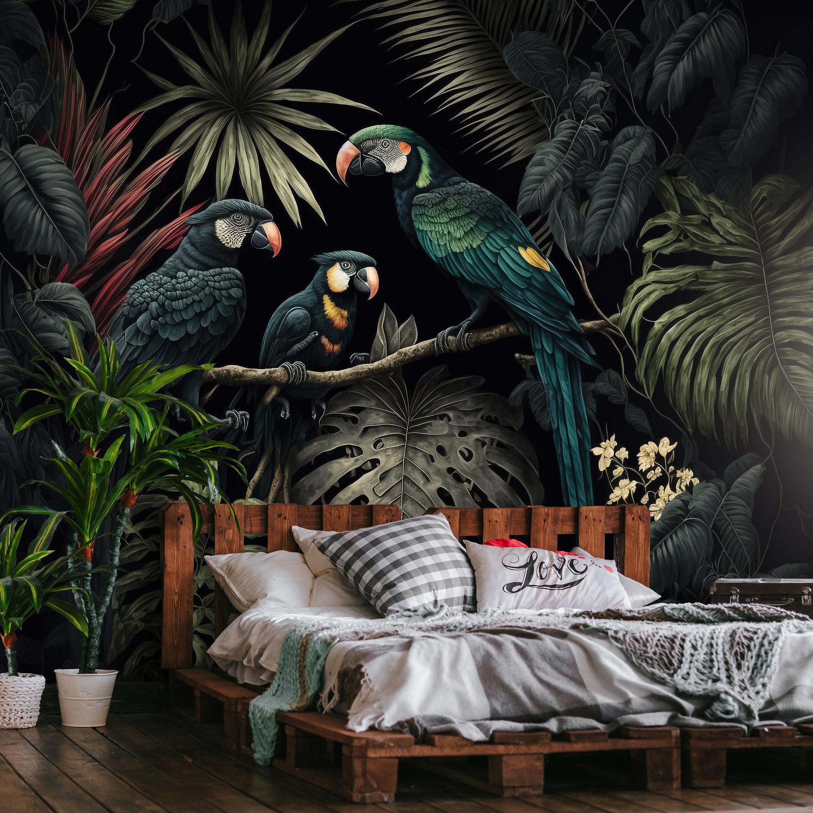 Parrots in Jungle Botanic Wallpaper Green WALL Mural Wall ...